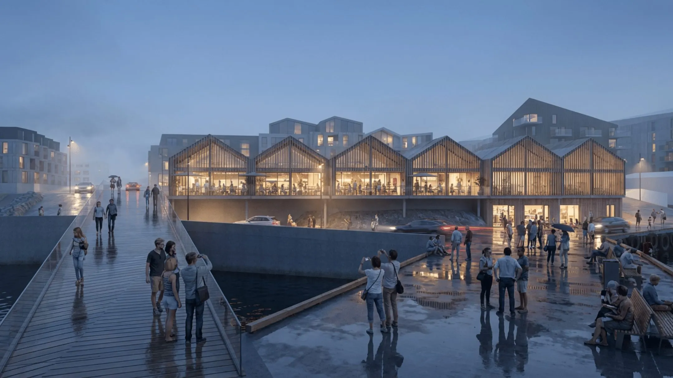 Hugmyndamynd af timburbyggingum með veitingastöðum við bryggju og göngubrú.