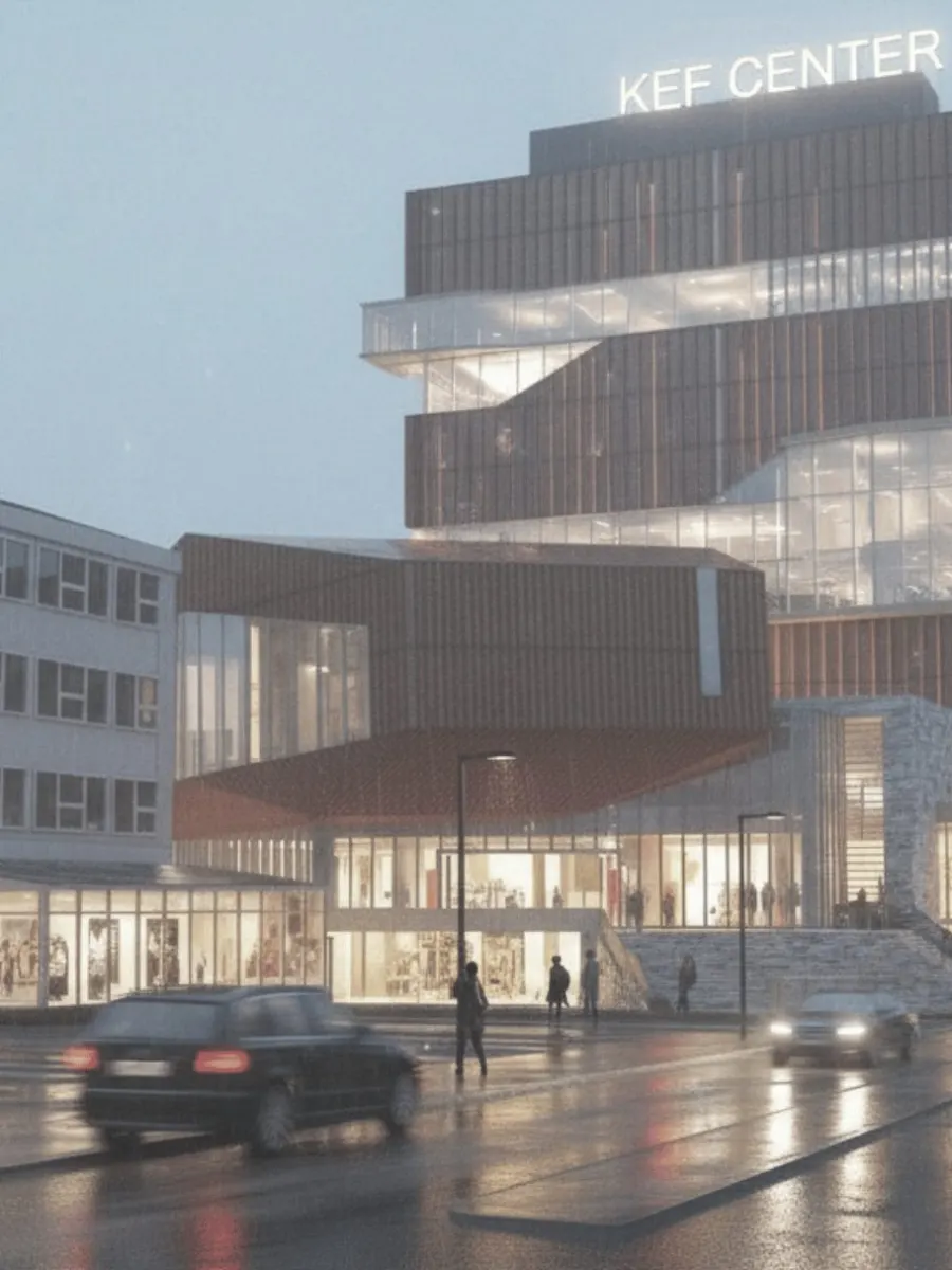 Hugmyndamynd af KEF CENTER byggingu með verslunum á jarðhæð.